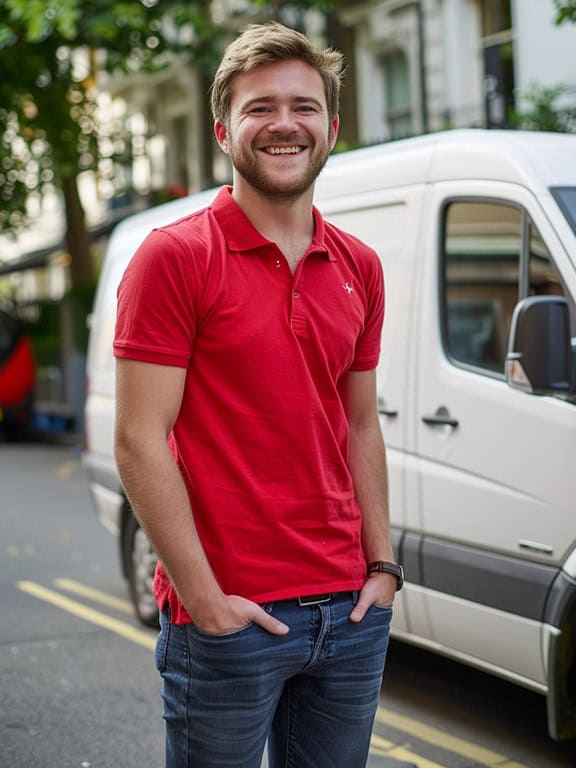 man wearing red polo shirt smiling with white van on his background